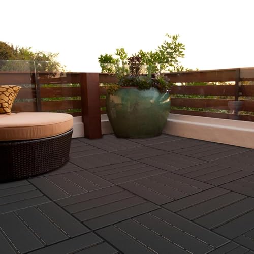 ROUNY Plastic Interlocking Deck Tiles 12"x12" (30x30cm) 9-Pack, 9 sq.ft Waterproof All-Weather Outdoor Flooring with Mute Cushion, for Patio Garden Balcony Poolside Porch Indoor Outdoor Use, Grey