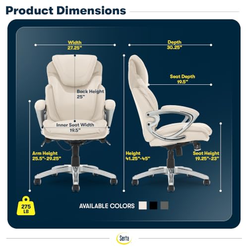 Image of Serta Bryce Executive Office Chair - Ergonomic Computer DeskChair with Lumbar Technology - Adjustable Height - Memory Foam Body Pillows - 360 Swivel Rolling Base - Bonded Leather - Cream