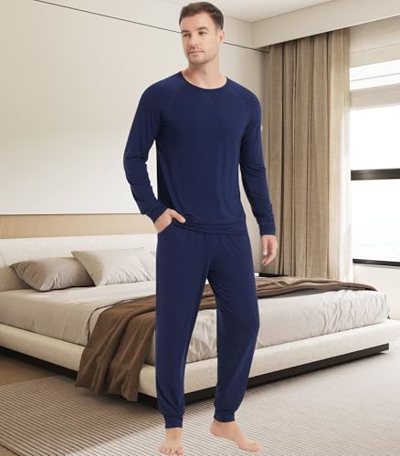 Image of NACHILA Mens Pajamas Set Long Sleeve Henley Sleepwear Top Soft Jogger Pants Pajamas Cool Pjs Set,Viscose Made from Bamboo