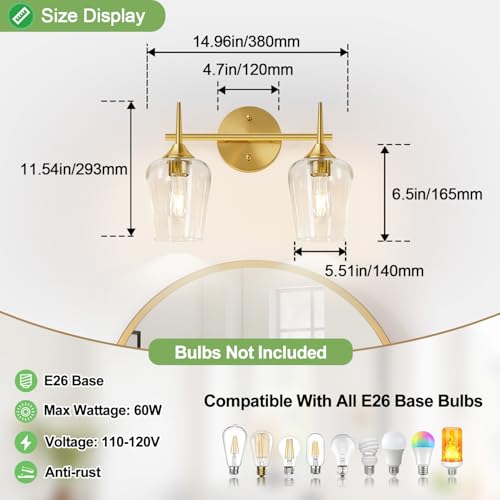 Image of MOKATNG 2-Light Bathroom Light Fixtures, Gold Vanity Lights for Bathroom with Clear Glass, Bathroom Lighting Fixtures Over Mirror, Modern Wall lamp for Cabinet Hallway