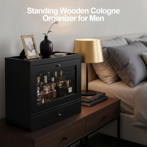 Image of Cologne Organizer for Men Women,Perfume Stand Holder,Cologne Shelf, Solid Wood Cologne Stand with Drawer Storage and Clear Window,Organizador de Perfumes,Perfume Stand Organizer,Black