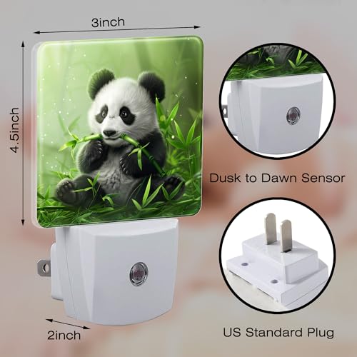 Image of Cute Panda Eating Bamboo Night Light, Natural Animal Green Leaves Dusk to Dawn Night Light Plug in, 0.5W Energy Saving Sleep Friendly NightLight for Kids Boys Girls Home Decor