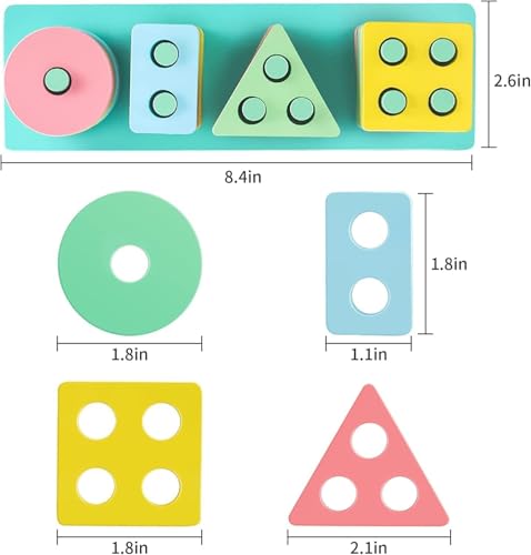Image of SHINETOY ENTERTAIN KIDS Montessori Toys for 1-3 Year Old Boys Girls Toddlers, Wooden Sorting & Stacking Toys for Kids Preschool, Educational Building Blocks, Color Recognition Stacker Shape, 16 pcs