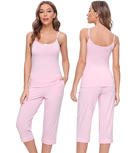 NACHILA Damen Bambus Pyjama Set Ärmellose Nachtwäsche Weich Tank Top Pjs Capri Hose Pyjama Sets S-4XL, C-pink, X-Large Cover
