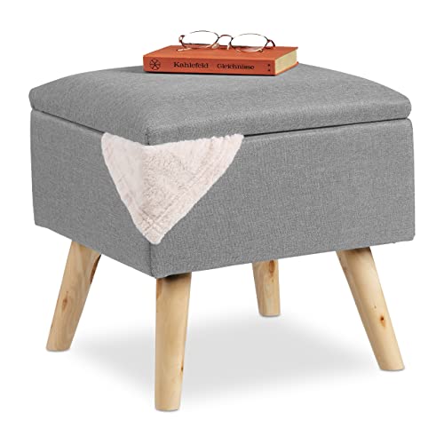Relaxdays Taburete Bajo, Puff Asiento Almacenaje, Baúl Almacenamiento, 1 Ud., Madera-Tela, 40x40x40 cm