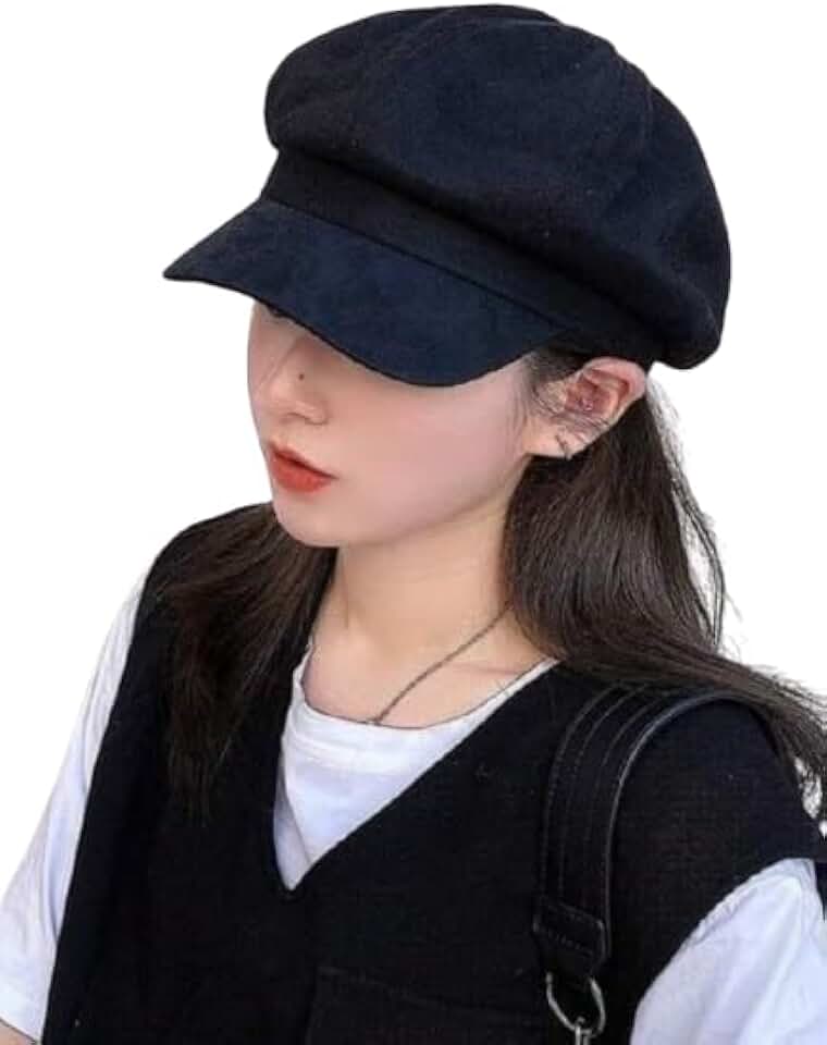 Boina Feminina Europeia de Feltro, Preta, Estilo Clássico 8 Gomos