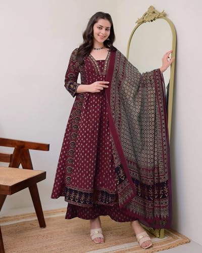 Image of ANNI Designer Women's Pure Cotton Anarkali Kurta Set for Women with Dupatta & Plazzo - Hand Block Print Suit Set | Stylish Dress | Cotton Kurta Set for Women