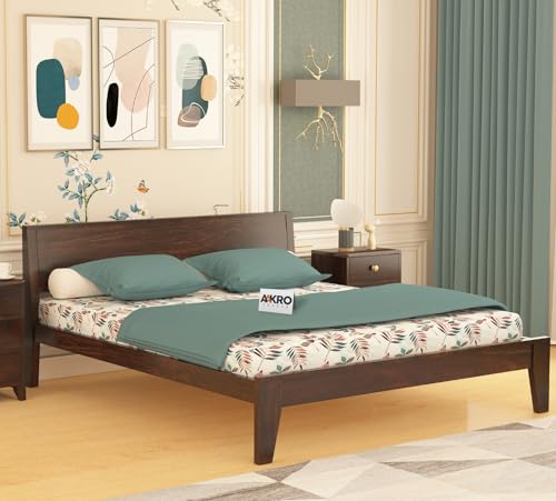 Image of Sheesham Wood King Size Bed Without Storage Solid Wood Cot Palang Furniture Wooden Double Bed for Bedroom Living Room (Walnut Finish)