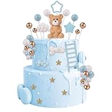 46 PCS 3D Bear Balls Cake Toppers Brown Teddy Bear for Birthday Party Wedding Baby Shower Supplies(Blue)