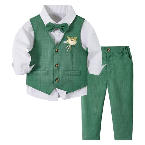 Volunboy Trajes para Bebé Niños de Boda Ceremonia Fiesta, Conjunto de Chaleco, Camisa, Pajarita, Pantalón 4 Piezas(Tamaño 100,2 3 años,Verde Oscuro