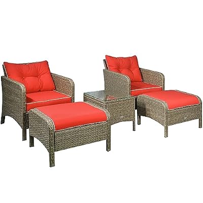 Outsunny 5 Pieces Rattan Wicker Lounge Chair Outdoor Patio Conversation Set with 2 Cushioned Chairs, 2 Ottomans and Tempered Glass Top Coffee Table, Brown/Red