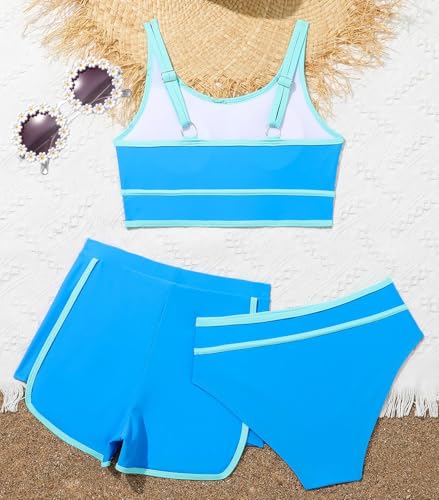 Image of Girls Swimsuits 3 Piece Bathing Suit Bikini Set with Sporty Shorts and Sunglasses Beach Swimwear for Girl 8-15 Years