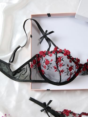 Image of Lilosy Sexy Underwire Cute Push Up Strappy Embroidered Mesh Sheer Lingerie Set See Through Panty Bra