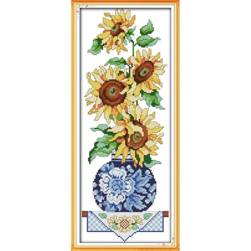 Image of JOYSEWING Sunflowers Stamped Cross Stitch Kits Printed Embroidery Needlework Starter Kits for Beginners11CT Embroidery Patterns Art Crafts DIY Needlepoint Kit- Sunflower in vase(11CT) 9.06 x21.26 inch