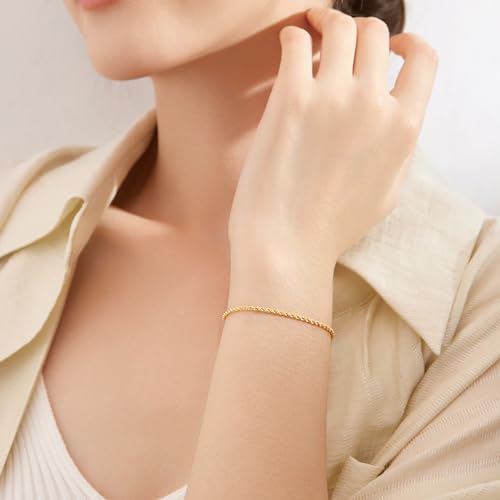 18K Gold Bracelet for Women Link Bracelets Chain Bangle Dainty Wheat Bracelet Trendy Jewelry Adjustable Stackable Chunky Fashion Layering Simple Twisted Bangle Solid Yellow Gold Gifts KH0759873