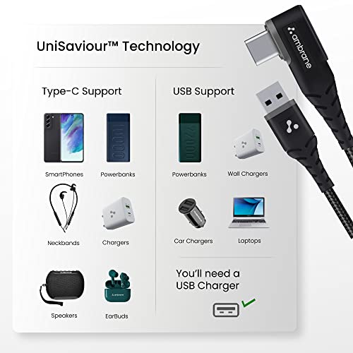 Ambrane Type C Mobile Charging Cable 3A Fast Charging, 1M, L Shaped Braided Cable, 480Mbps Data Transfer for Smartphones, Tablets, Laptops & Other Type C Devices (ABLC10, Black)