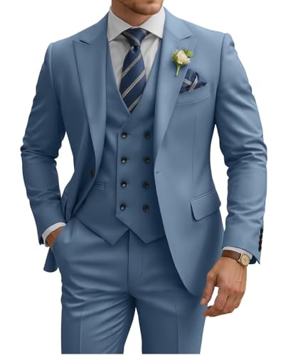 TIJOFA Dusty Blue Suits for Men 3 Piece Suit Slim