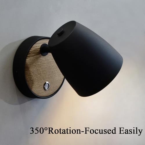 Image of Hardwired Wall Sconce with Switch,Modern Black and Wood Wall Lights for Bedroom with 350Rotation Metal Shade,Indoor E26 Wall Lamp for Living Room,Dining Room,Hallway,Stairway,Wall Decor