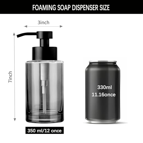 Image of Enra Black Foaming Soap Dispenser, Thick Glass Bathroom Soap Dispenser | 12oz thick glass bottle with stainless steel pump. Stylish dispenser for bathroom, kitchen, farmhouse and modern decor.