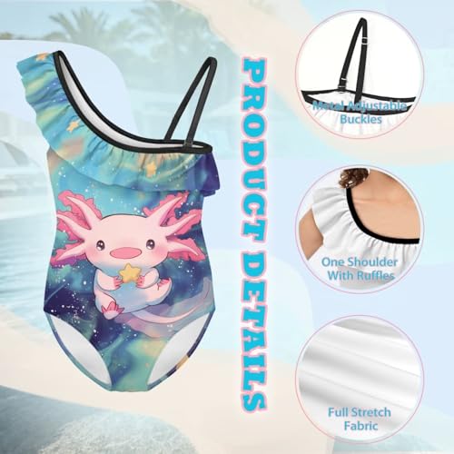 Image of WELLFLYHOM Axolotl Girls One Piece Swimsuits 3-14 Ruffle One Shoulder Bathing Suits Full Coverage Beachwear