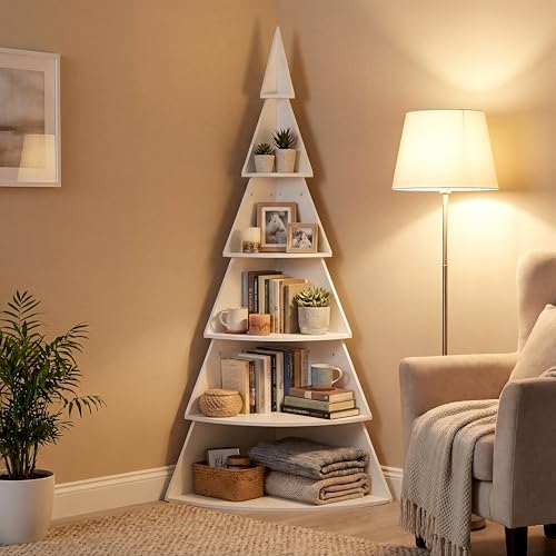 GlikCeil 6 Tier 71 Inch Large Wooden Tree Shaped Display Shelf Christmas Village Tree Stand Corner Shelf Wood DIY Corner Bookshelf Space-Saving Storage Rack for Bedroom Living Room Decor