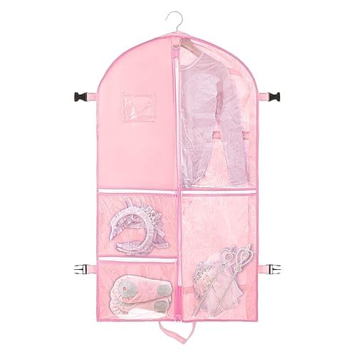 Clear Dance Costume Garment Bag for Dancers,40 inch Kids Garment Bag for Dance Competitions with 5 Clear Zipper Pockets for Dance Costumes,Garment Bags for Hanging Clothes Travel Storage (Pink)