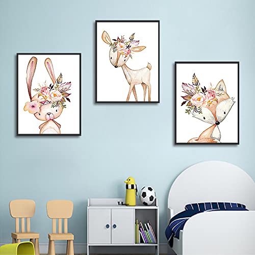 Nicjoy Baby Room Wall Art Canvas Pictures Nursery Prints Flower Rabbit Canvas Painting Woodland Animals Poster Nordic Fox Deer Picture 3Psc/Set (16X24Inchx3(40X60Cmx3),No Frame) #TOP2