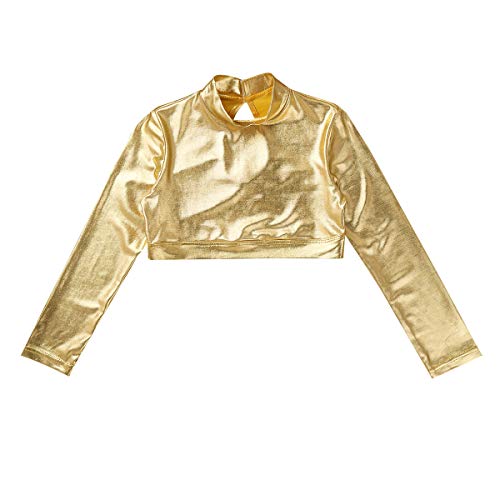 Moily Kids Girls Shiny Metallic Two Pieces Dance Outfit Long Sleeve Crop Top with Gymnastics Bottoms Sets3