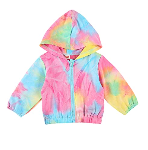 Newborn Baby Boys Girls Zip Up Hooded Coat Rainbow Print Long Sleeve Windbreaker Outerwear Tie Dye Shirt Jacket (K-Pink, 9-12 Months)