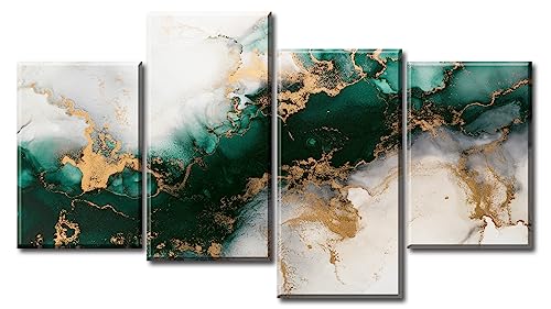 Modern Abstract Wall Art Emerald Green and Gold Canvas Prints - Large Framed 4 Piece Set Textured Fluid Marble Design Wall Decor in Living Room, Bedroom, Office - Premium Home Decoration