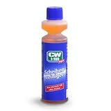 ANWENDUNG: Den Scheiben-Reiniger im Verhältnis 1:100 mit Wasser (auch Leitungswasser) mischen. Ein Dosierkopf (25ml) ergibt somit 2,5 Liter Reinigungsflüssigkeit
