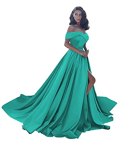 homdor Ball Gown for Women Formal Puffy Long Satin Wedding Dress Off Shoulder Slit Evening Gowns Turquoise Size 12