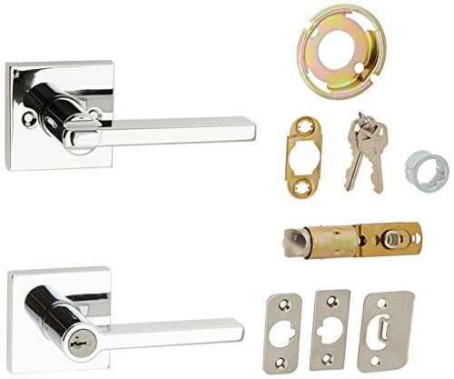 Kwikset Halifax Entry Door Handle with Lock and Key, Secure Keyed Reversible Lever Exterior, Doorlock, For Front Entrance and Bedrooms, Polished Chrome, Pick Resistant Smartkey Rekey Security