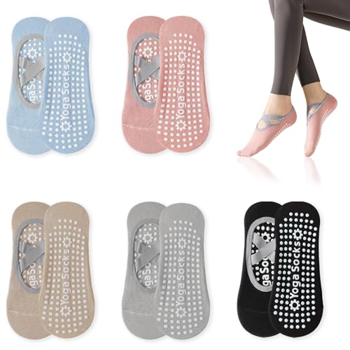 BD-Herego 5 pares de calcetines antideslizantes para yoga para mujer, calcetines de yoga con agarre y correas antideslizantes para yoga, pilates, barras de danza y fitness, Colore, 38