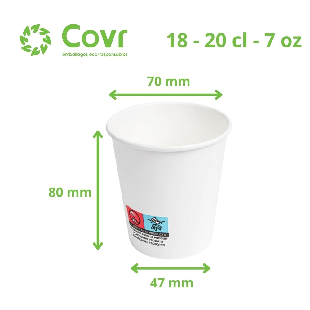 COVR 3000 Gobelets carton blanc 18-20cl - 7oz / 3000 unités, Recyclables, Boisson Chaude et Boisson Froide, Solide et Bonne Prise en Main, Résistant
