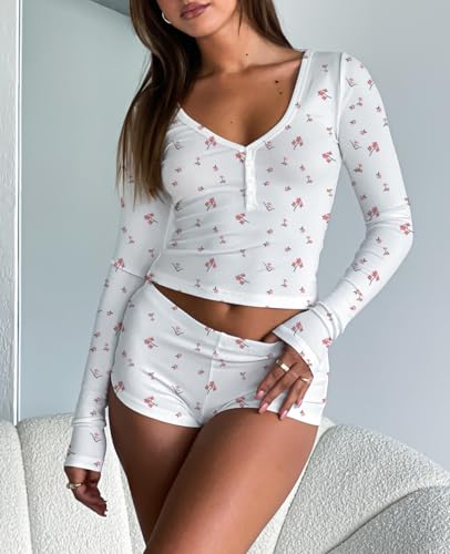 Ezbelle Lounge Set Women's V Neck Pajama Sets Ribbed Knit Button Down Shirt Long Sleeve 2 Piece Outfit Shorts Floral Graphic2