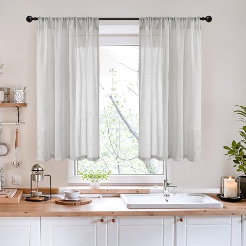 Image of BGment Light Grey Linen Curtains 40 Inch Length - Rod Pocket Kitchen Drapes Light Filtering for Bathroom Window Lightweight, 2 Panels Set, 42 X 40 Inch
