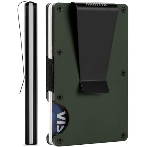 Image of Minimalist Carbon Fiber Wallet for Men, Money Clip Cash Strap Wallet, RFID Blocking Metal Wallet Aluminum Card Holder,Front Pocket Wallet(Matte Green)