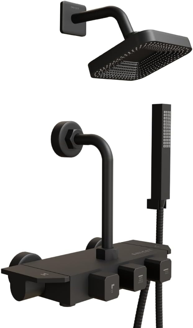 ENICET Wall Mixer for Bathroom 3 in 1 - With Shower & Hand Shower - Heavy Metal Build with Storage Space for Essentials - 190mm L Bend Provision for Shower - Modern Design - Matte Black (paino122oshs)