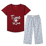 MyFav Damen Schlafanzug Sommer Pyjama Set Kurze Ärmel Pyjamahose Nachtwäsche Hausanzug Zweiteiliger (Rot,L)