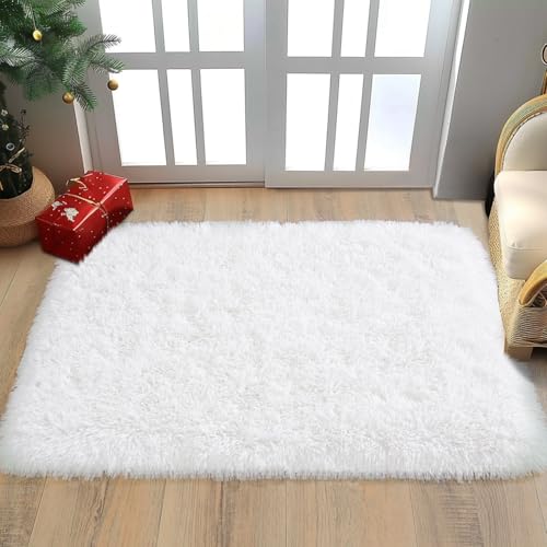 Shaggy Rugs for Bedroom Living Room Dorm Kids Room Decor, Soft Modern Indoor Fluffy Shag Area Rug, Non-Slip Fuzzy Floor Carpet 2x3 Feet, Cute Small Rectangle Plush Rug, White