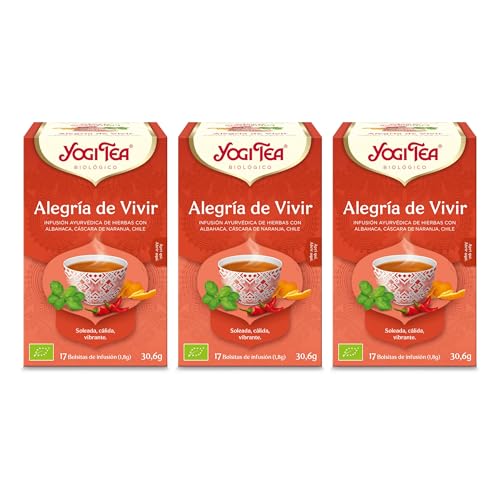 Yogi Tea - Alegría de Vivir - Infusión Ayurvédica - Mezcla de Albahaca, Cáscara de Naranja y Chile - Sin Cafeína - Pack de 3x17 bolsitas (51 en total)
