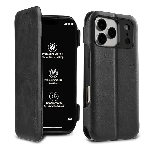 Image of PULOKA Premium PU Leather Flip Cover Compatible with Apple iPhone 17 Pro - Slim Wallet Case with Card Slot, Magnetic Closure, Kickstand Stand Function & Full Body Protection (Black)