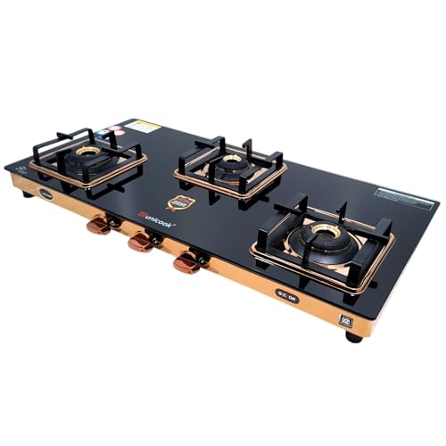 Image of Unicook Coral Cuba Auto Ignition 3 Burner Gas Stove | ISI Certified Cooktop | Glass Gas Stove | LPG Compatible | Forged Brass Burner | 2 Years Manufacturer Warranty