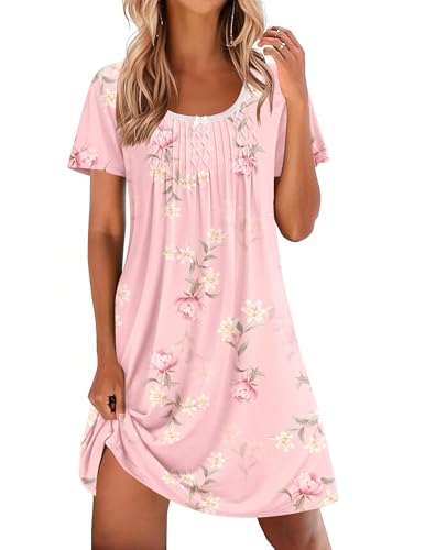 Image of Ekouaer Nightgowns for Women Pleated Sleep Shirts Short Sleeve Night Shirts Lace Trim Night Gown Ladies Sleep Dress