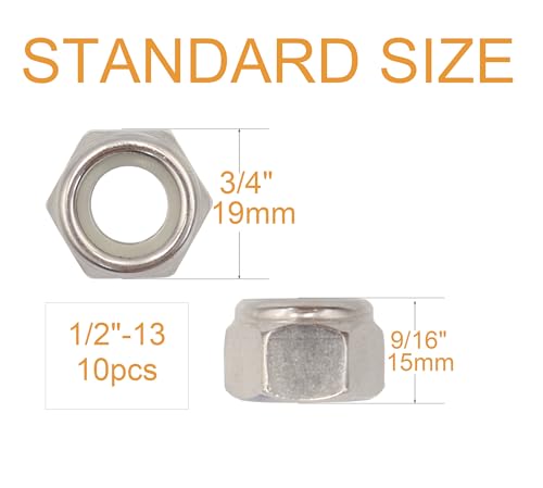 Image of 10pcs 1 /2-13 Lock Nuts 304 Stainless Steel / 18-8, Nylon Inserted Self Locking Nut Silver Tone, 1 /2 inch-13 Nylock Nuts, 1 /2 Nylon Lock Nuts for Machine