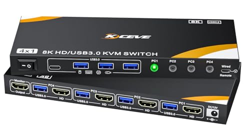 YOUTINGHDAV KVM Switch 4 PC 1 Monitor HDMI 8K@60Hz 4K@144Hz, HDMI2.1 USB 3.0 KVM Switch 4 Ports 1 Monitor para 4 PC Comparten Ratón Teclado, Wired Remote(8K HD 4 in 1 out)