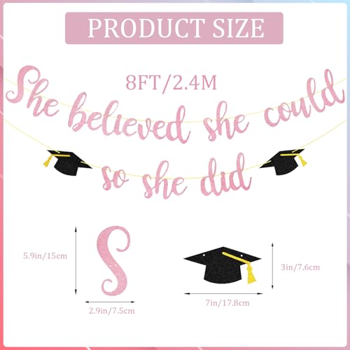 Image of JUESMOS She Believed She Could So She Did Banner Decorations for Graduation Party Women Girls Graduation Banners Pink Glitter Garland for Congratulation Grad Party Supplies School Home Car Decorations