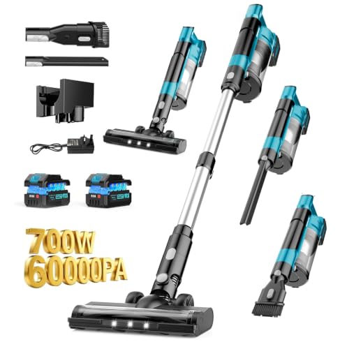 denqir 700W Cordless Vacuum Cleaners for Home with 2*Battery 8000mAh,Brushless Rechargeable Stick Vacuum with 3 Mode, 6 in 1 Portable Handheld Cordless Vacuum for Pet Hair/Hardwood Floor/Dorm (Blue)