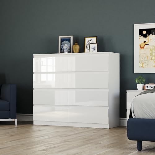 Vida Designs Glinton High Gloss Chest of Drawer, 100% FSC Certified Chest of Drawers for Clothes - Closet Organizers and Storage Cabinet for Hallway, Entryway (White, 8 Drawer)